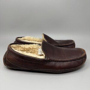 UGG Ascot 5379 Men's 12 Brown Leather Fur Lined Slippers Shoes Moccasins